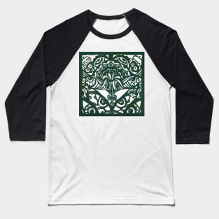 Watchers and Eyes Tangle Lino Cut Dk Olive Green Monoprint Baseball T-Shirt